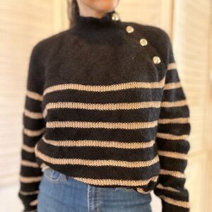 NWT LA MAILLE SEZANE XL Black and Gold Striped Mock Turtle Neck Sweater